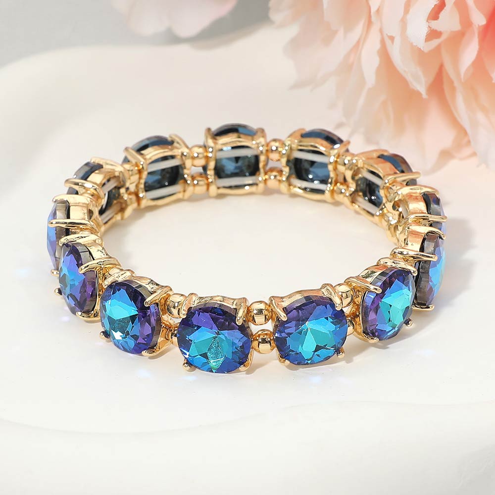 Madeline Love Blue, Gold Round Stone Cluster Beaded Stretch Evening Bracelet - Bracelets