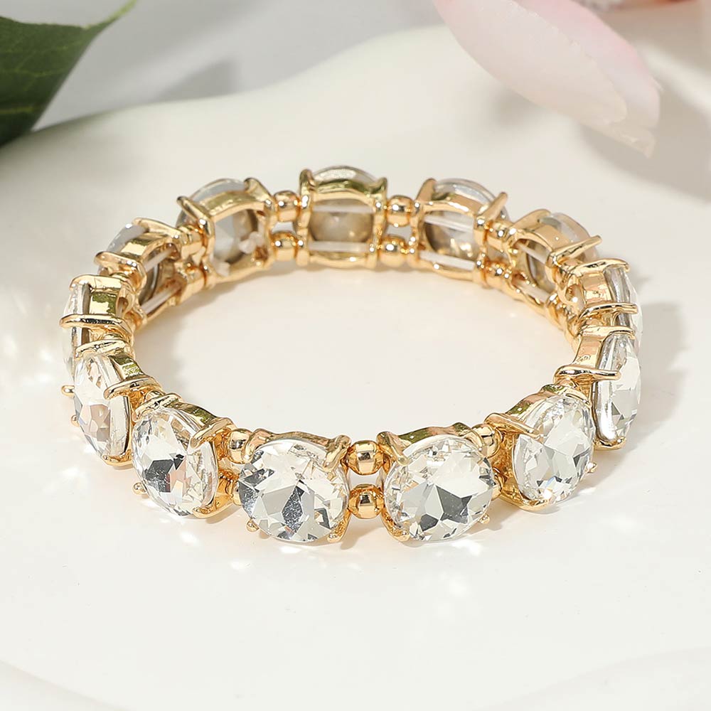 Madeline Love Clear, Gold Round Stone Cluster Beaded Stretch Evening Bracelet - Bracelets