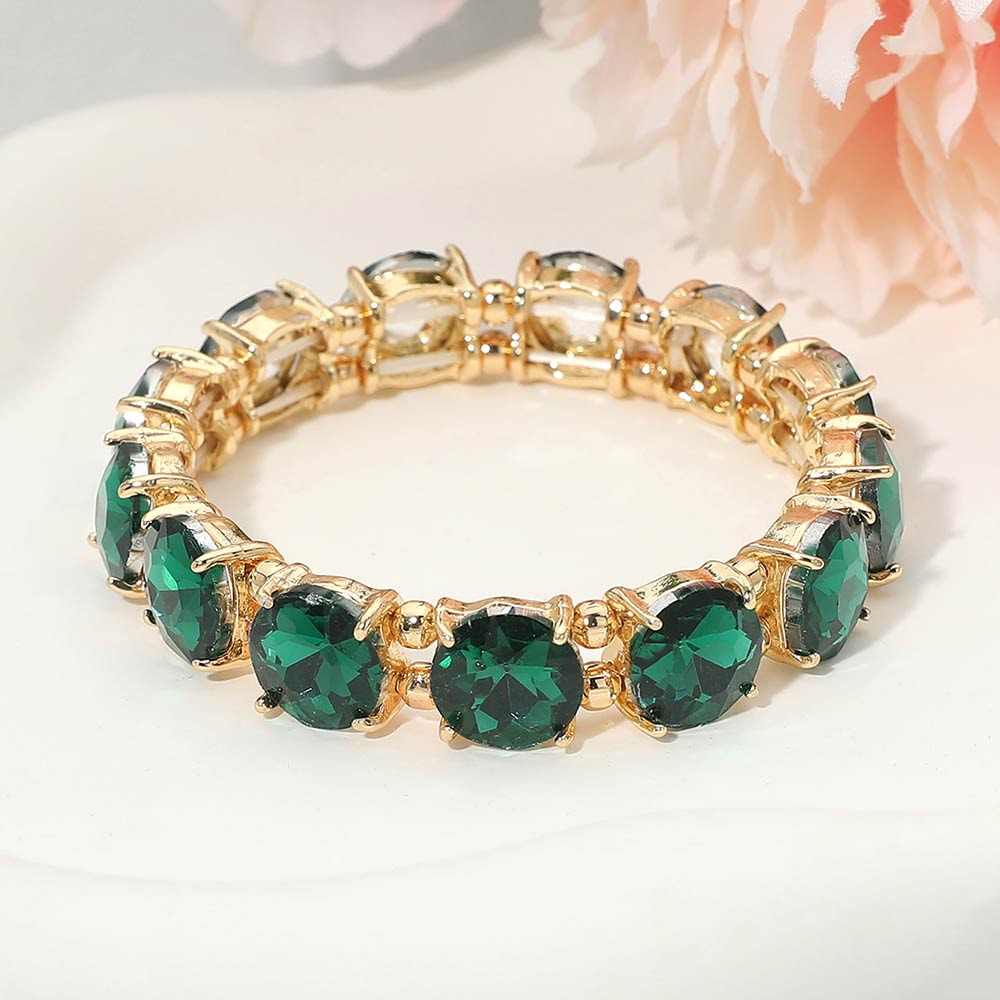 Madeline Love Emerald, Gold Round Stone Cluster Beaded Stretch Evening Bracelet - Bracelets