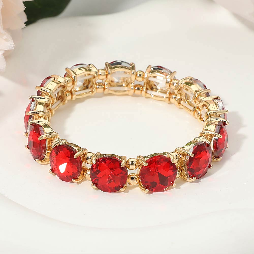 Madeline Love Gold, Red Round Stone Cluster Beaded Stretch Evening Bracelet - Bracelets