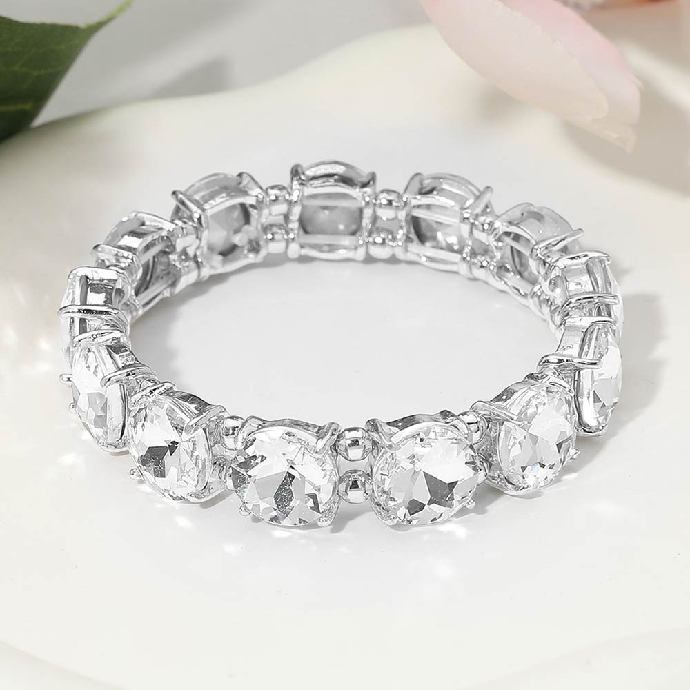 Madeline Love Clear, Silver Round Stone Cluster Beaded Stretch Evening Bracelet - Bracelets