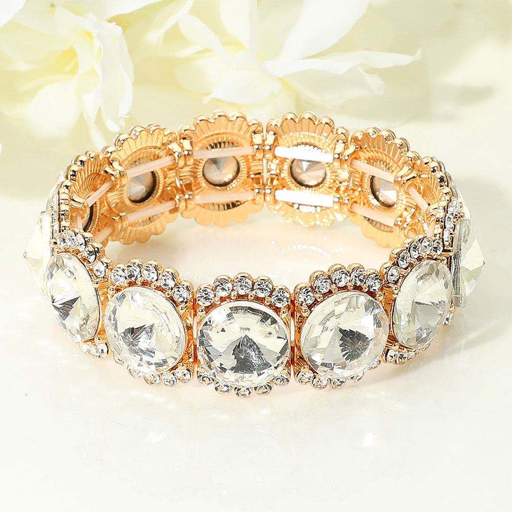 Madeline Love Clear, Gold Round Glass Stone Cluster Stretch Evening Bracelet