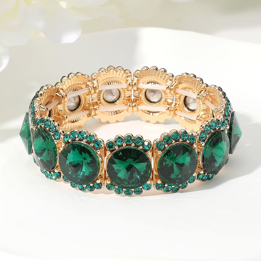 Madeline Love Gold, Green Round Glass Stone Cluster Stretch Evening Bracelet