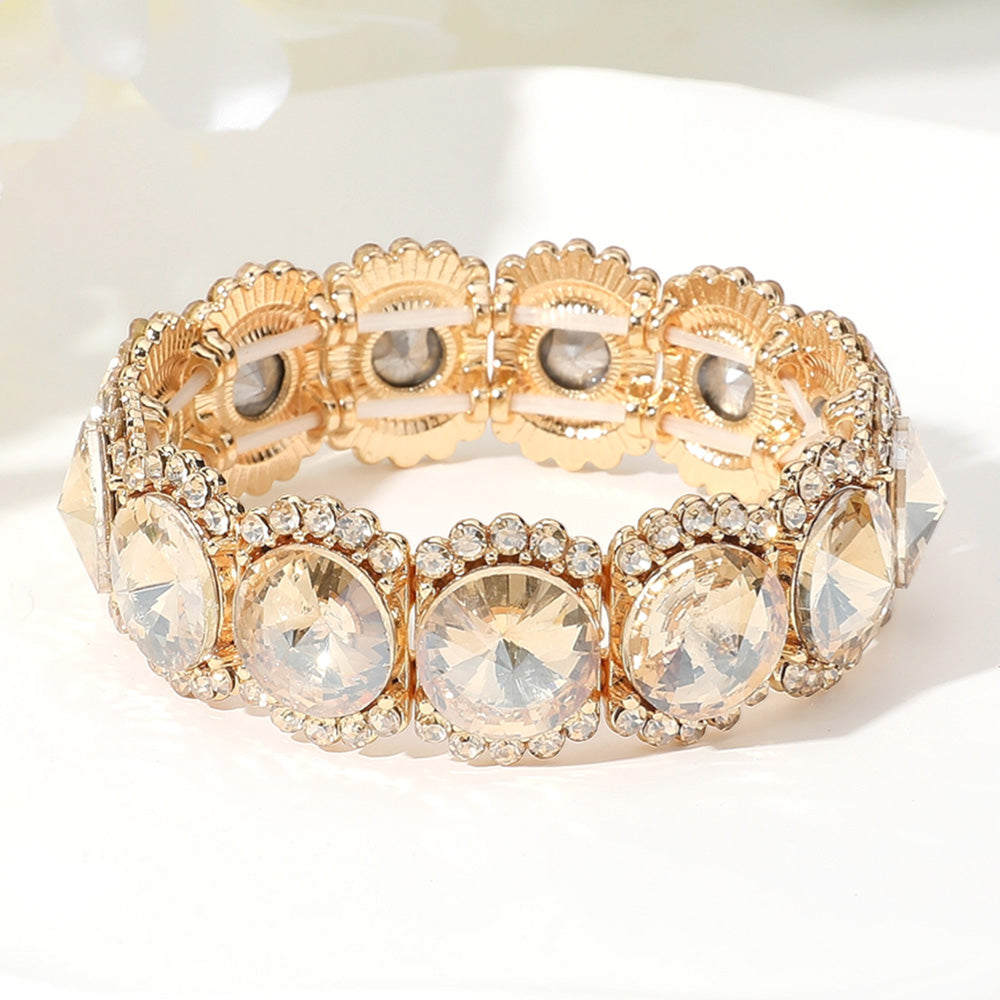 Madeline Love Gold, Lt Col Topaz Round Glass Stone Cluster Stretch Evening Bracelet