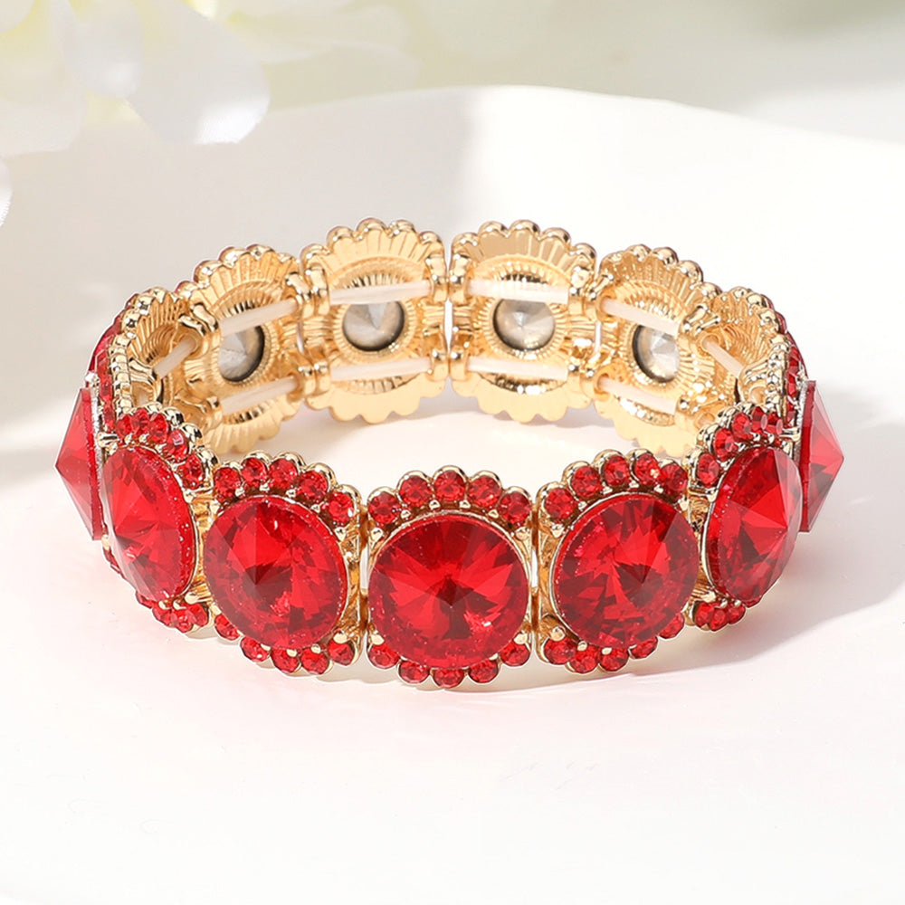Madeline Love Gold, Red Round Glass Stone Cluster Stretch Evening Bracelet