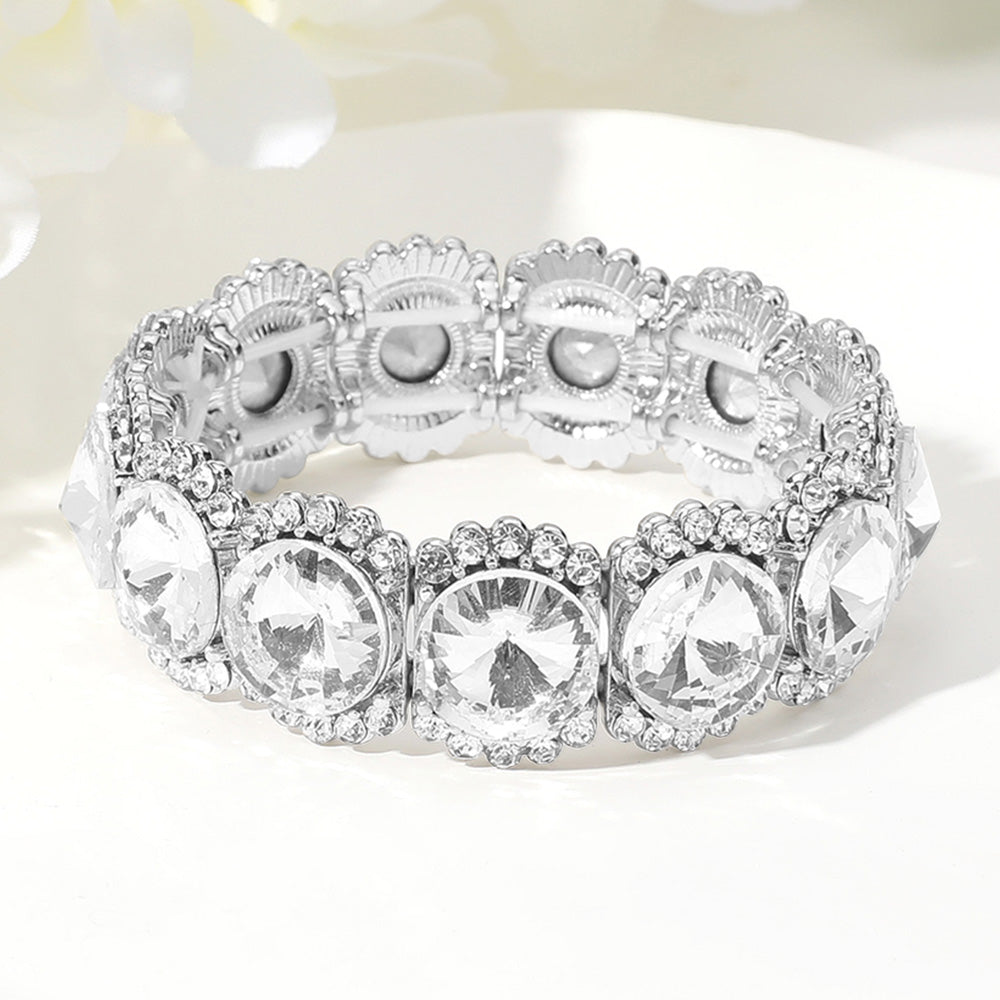 Madeline Love Clear, Silver Round Glass Stone Cluster Stretch Evening Bracelet