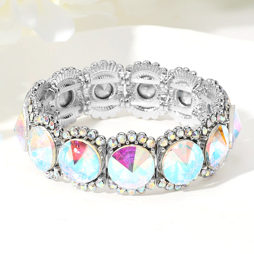 Madeline Love AB, Silver Round Glass Stone Cluster Stretch Evening Bracelet