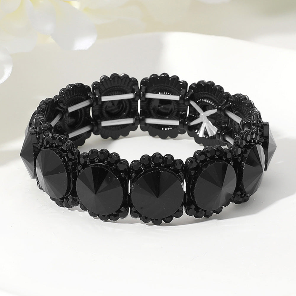 Madeline Love Black, Jet Black Round Glass Stone Cluster Stretch Evening Bracelet