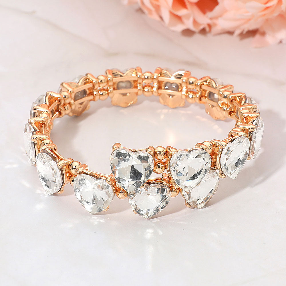 Madeline Love Clear, Gold Heart Stone Cluster Link Adjustable Evening Bracelet - Bracelets