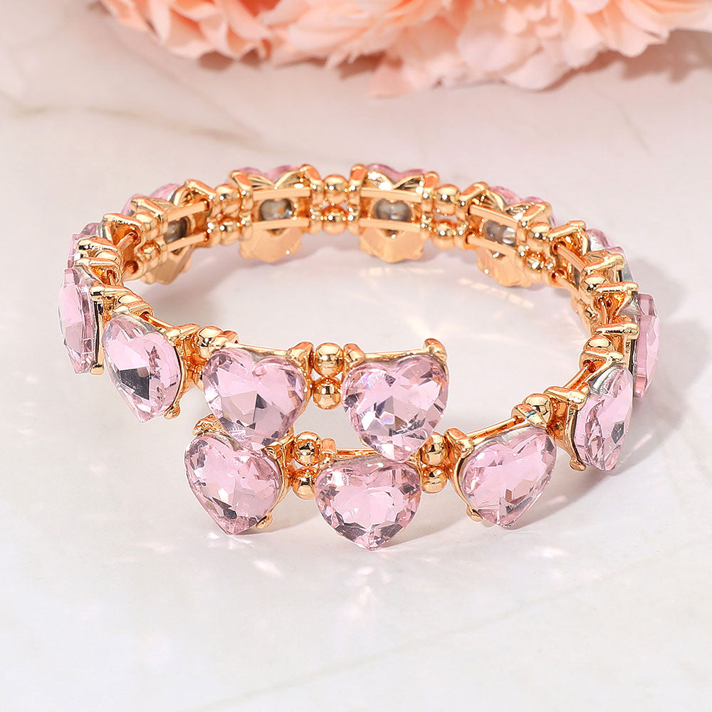 Madeline Love Gold, Pink Heart Stone Cluster Link Adjustable Evening Bracelet - Bracelets