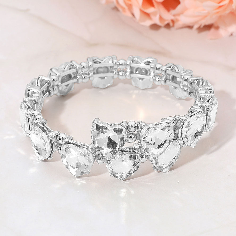 Madeline Love Clear, Silver Heart Stone Cluster Link Adjustable Evening Bracelet - Bracelets
