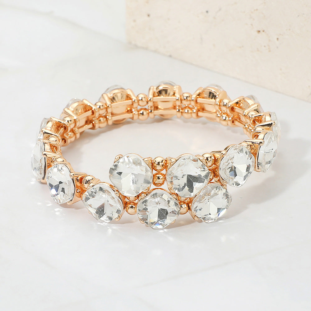 Madeline Love Clear, Gold Square Stone Cluster Link Adjustable Evening Bracelet - Bracelets