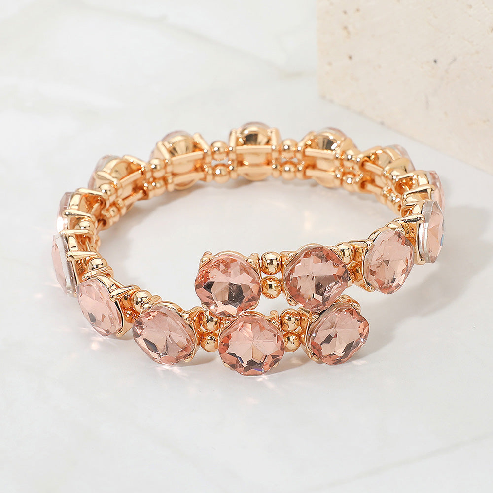 Madeline Love Gold, Peach Square Stone Cluster Link Adjustable Evening Bracelet - Bracelets