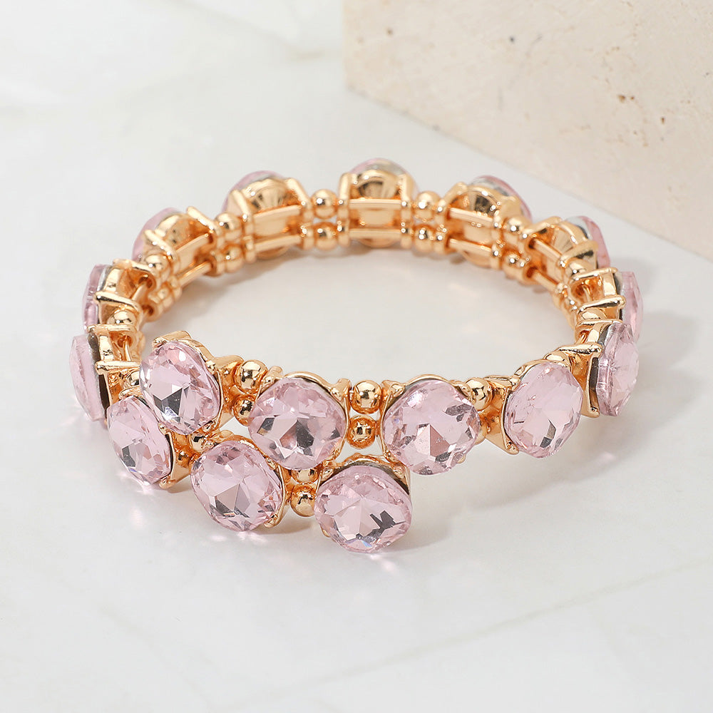Madeline Love Gold, Pink Square Stone Cluster Link Adjustable Evening Bracelet - Bracelets