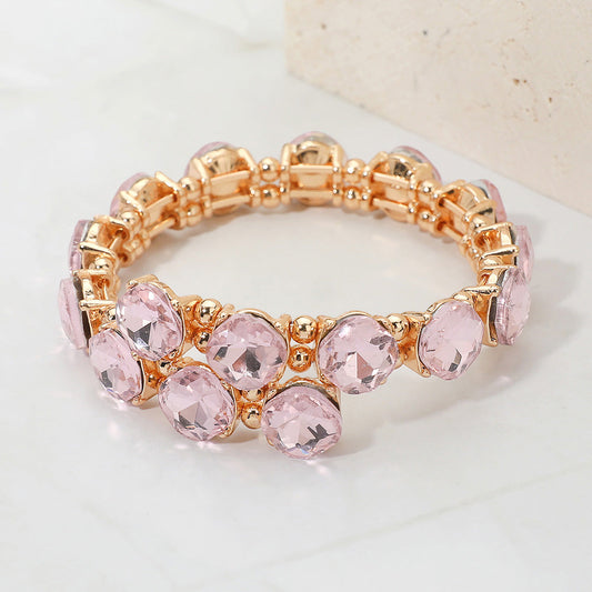 Madeline Love Gold, Pink Square Stone Cluster Link Adjustable Evening Bracelet - Bracelets