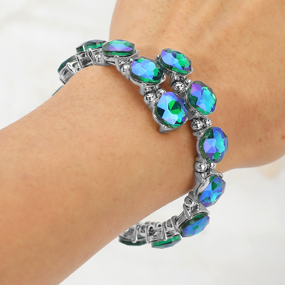 Madeline Love AB, Blue, Silver Square Stone Cluster Link Adjustable Evening Bracelet - Bracelets