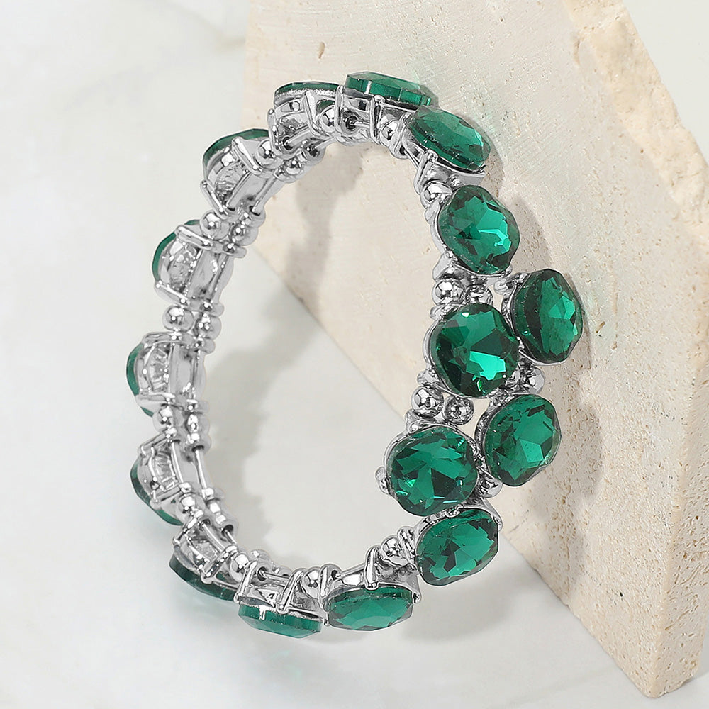 Madeline Love Green, Silver Square Stone Cluster Link Adjustable Evening Bracelet - Bracelets
