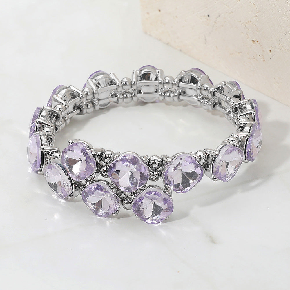 Madeline Love Light, Purple , Silver Square Stone Cluster Link Adjustable Evening Bracelet - Bracelets