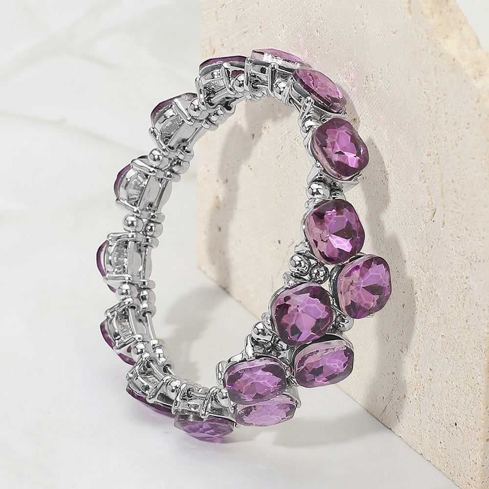 Madeline Love Purple , Silver Square Stone Cluster Link Adjustable Evening Bracelet - Bracelets