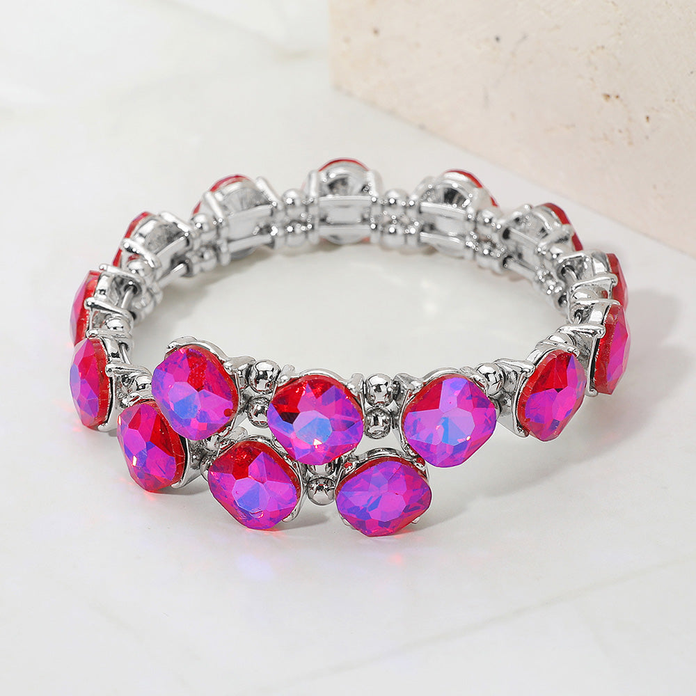 Madeline Love AB, Purple , Silver Square Stone Cluster Link Adjustable Evening Bracelet - Bracelets