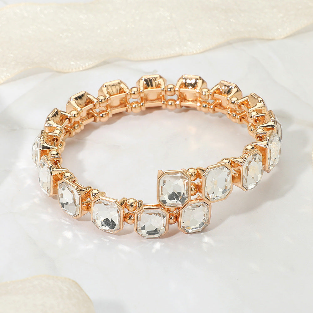 Madeline Love Clear, Gold Rectangle Stone Cluster Link Adjustable Evening Bracelet - Bracelets
