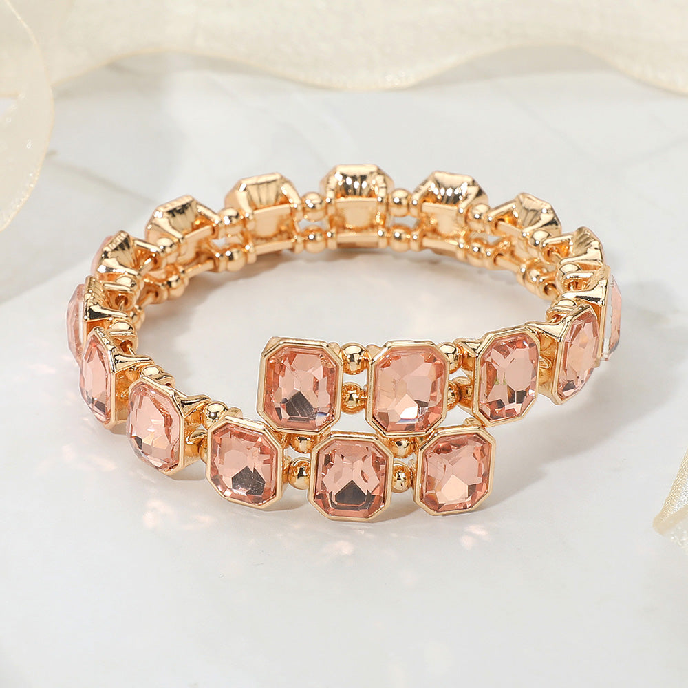 Madeline Love Gold, Peach Rectangle Stone Cluster Link Adjustable Evening Bracelet - Bracelets