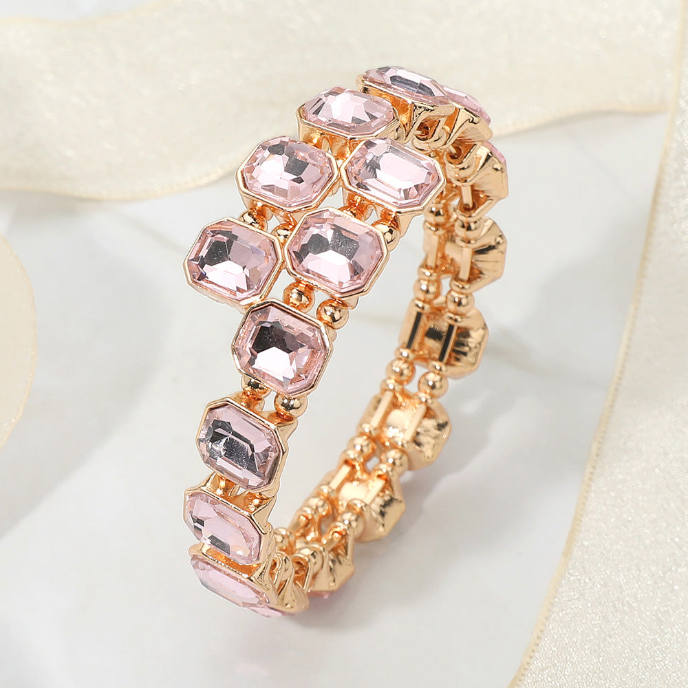 Madeline Love Gold, Pink Rectangle Stone Cluster Link Adjustable Evening Bracelet - Bracelets
