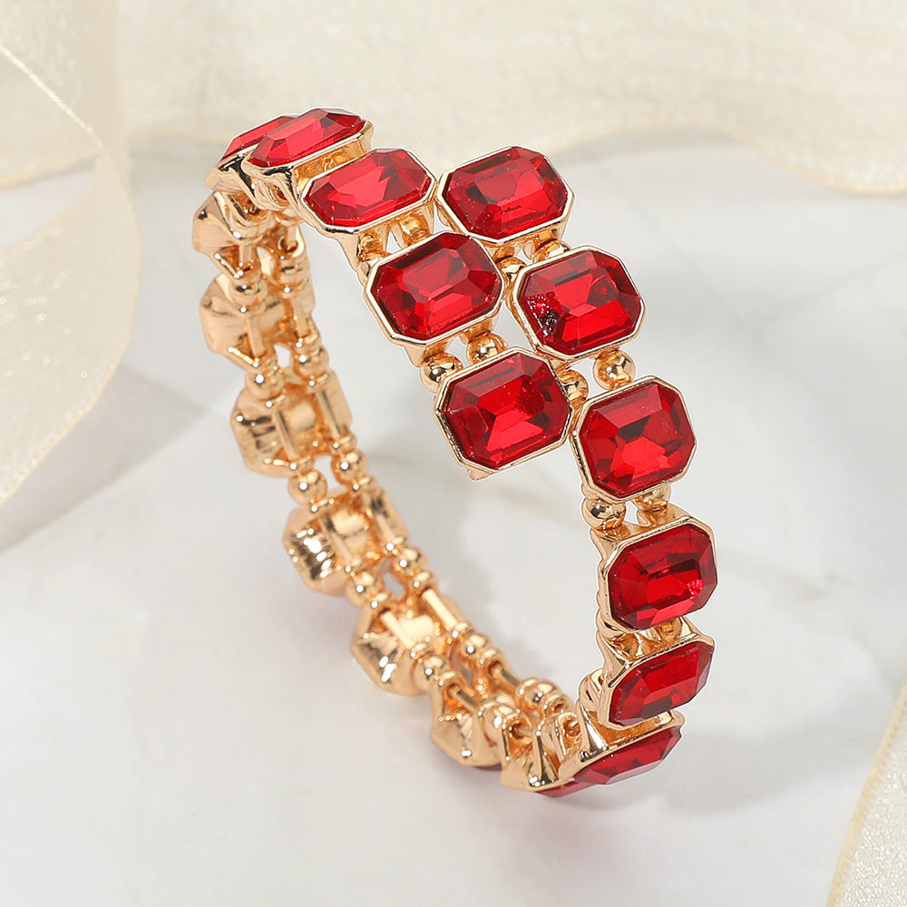 Madeline Love Gold, Red Rectangle Stone Cluster Link Adjustable Evening Bracelet - Bracelets