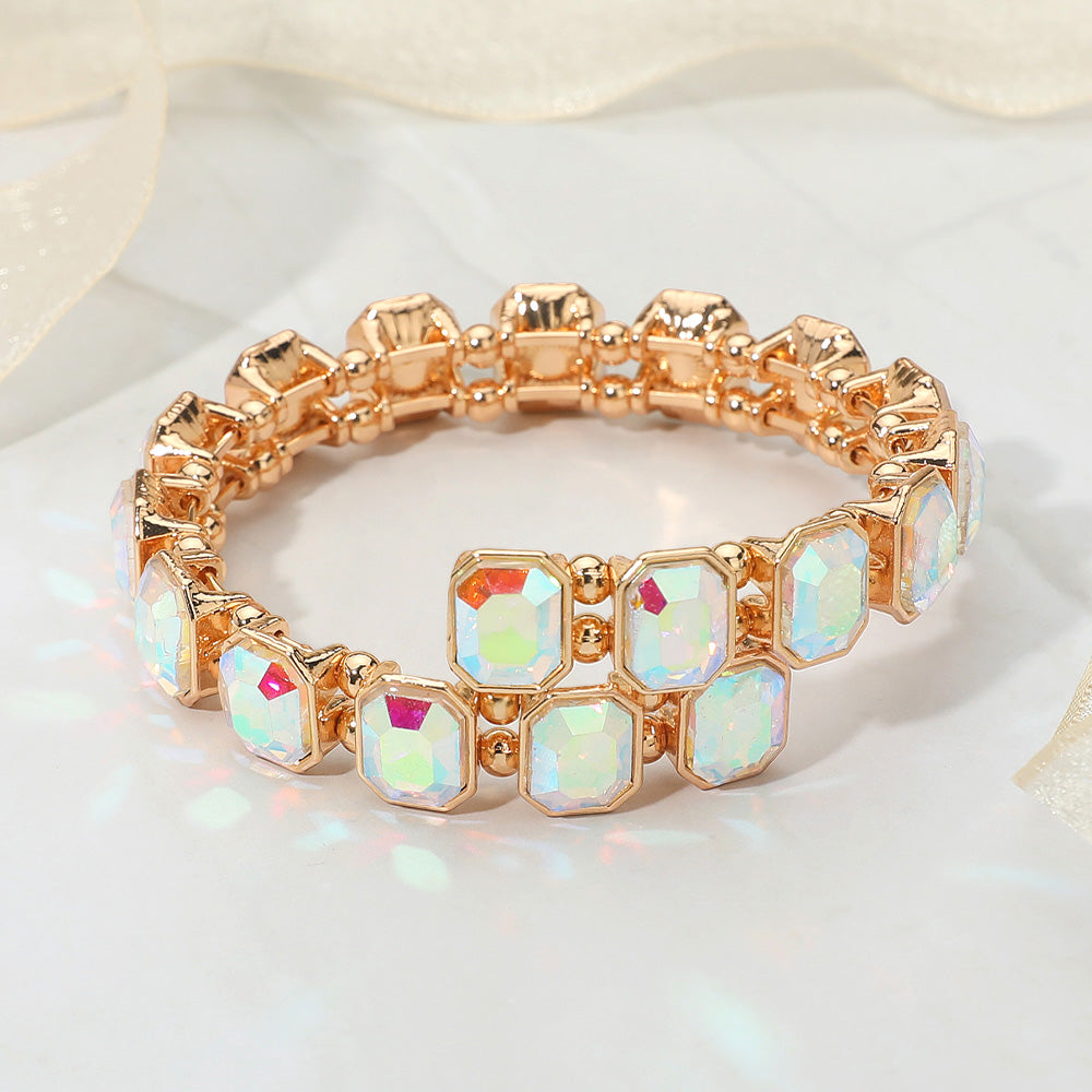 Madeline Love AB, Gold Rectangle Stone Cluster Link Adjustable Evening Bracelet - Bracelets