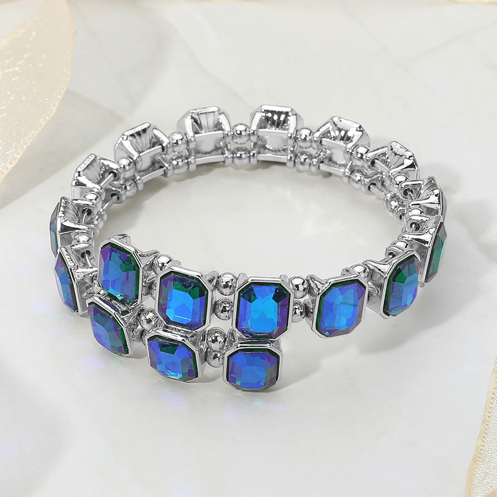 Madeline Love AB, Blue, Silver Rectangle Stone Cluster Link Adjustable Evening Bracelet - Bracelets