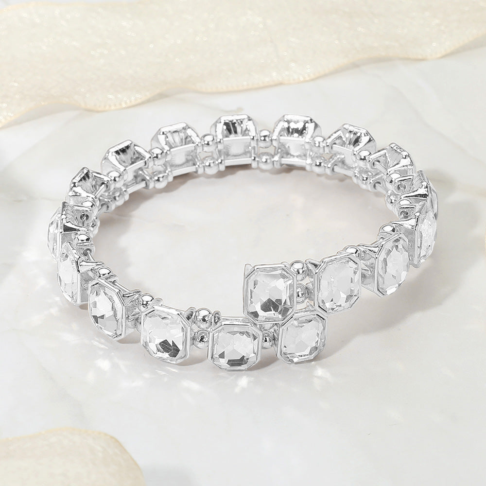 Madeline Love Clear, Silver Rectangle Stone Cluster Link Adjustable Evening Bracelet - Bracelets