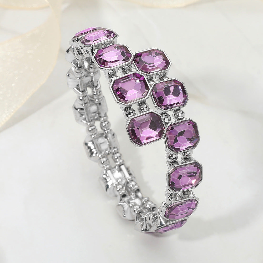 Madeline Love Purple , Silver Rectangle Stone Cluster Link Adjustable Evening Bracelet - Bracelets