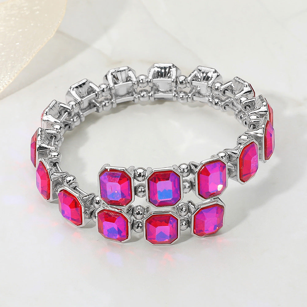 Madeline Love AB, Purple , Silver Rectangle Stone Cluster Link Adjustable Evening Bracelet - Bracelets