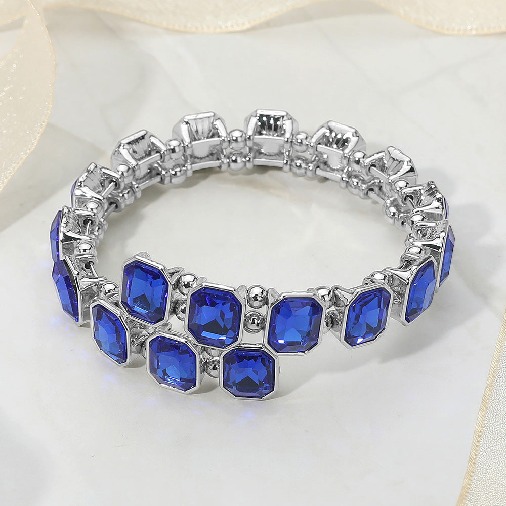 Madeline Love Sapphire, Silver Rectangle Stone Cluster Link Adjustable Evening Bracelet - Bracelets