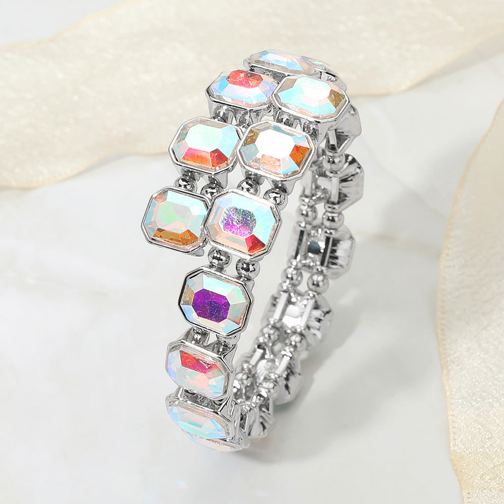 Madeline Love AB, Silver Rectangle Stone Cluster Link Adjustable Evening Bracelet - Bracelets