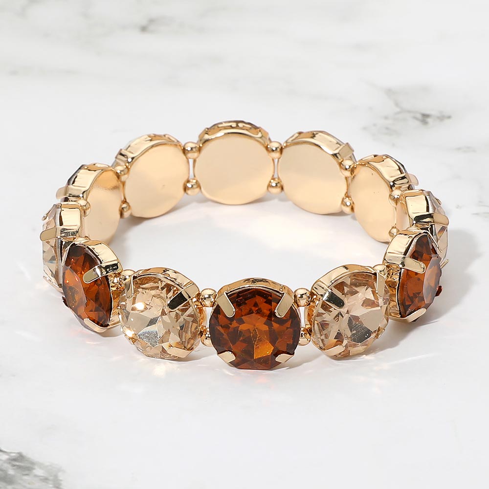Madeline Love Brown, Gold Round Facetd Gem Beaded Stretch Eveing Bracelet