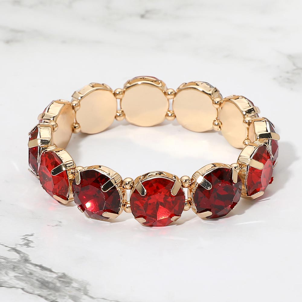 Madeline Love Burgundy, Gold Round Facetd Gem Beaded Stretch Eveing Bracelet