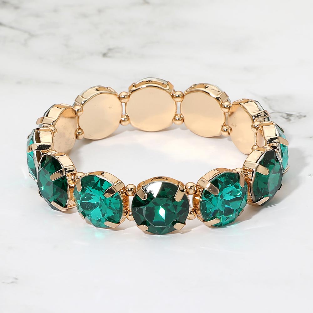 Madeline Love Gold, Green Round Facetd Gem Beaded Stretch Eveing Bracelet