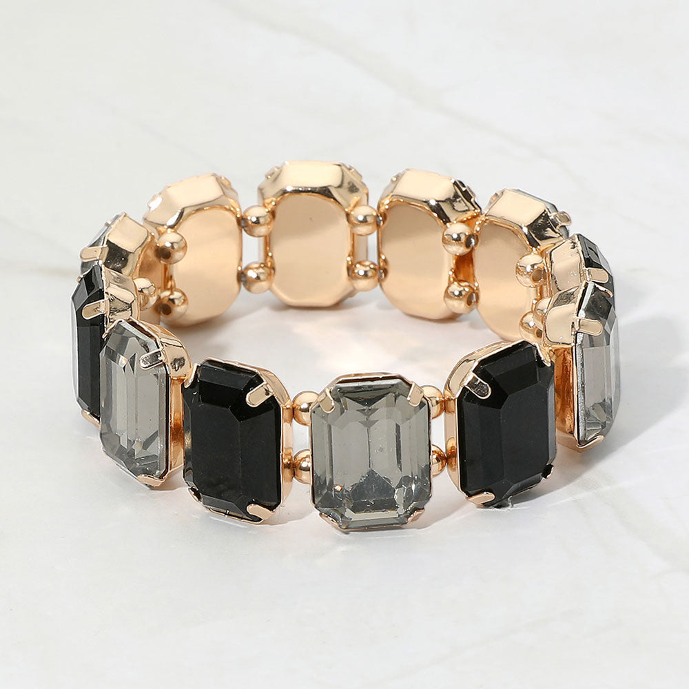 Madeline Love Black, Gold Emerald Cut Gem Beaded Stretch Evening Bracelet