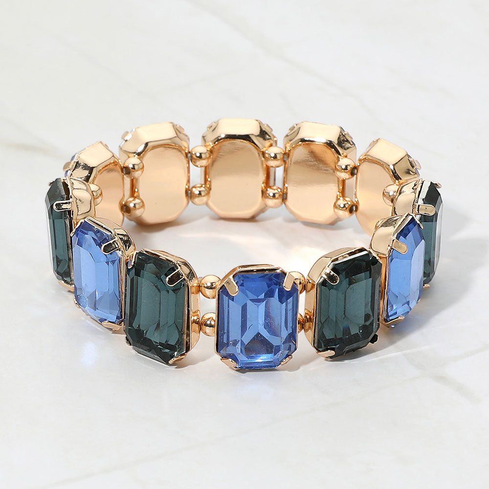 Madeline Love Blue, Gold Emerald Cut Gem Beaded Stretch Evening Bracelet