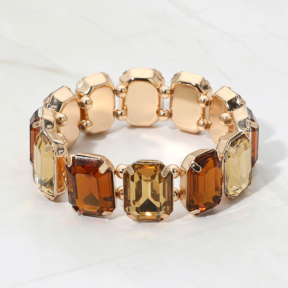 Madeline Love Brown, Gold Emerald Cut Gem Beaded Stretch Evening Bracelet