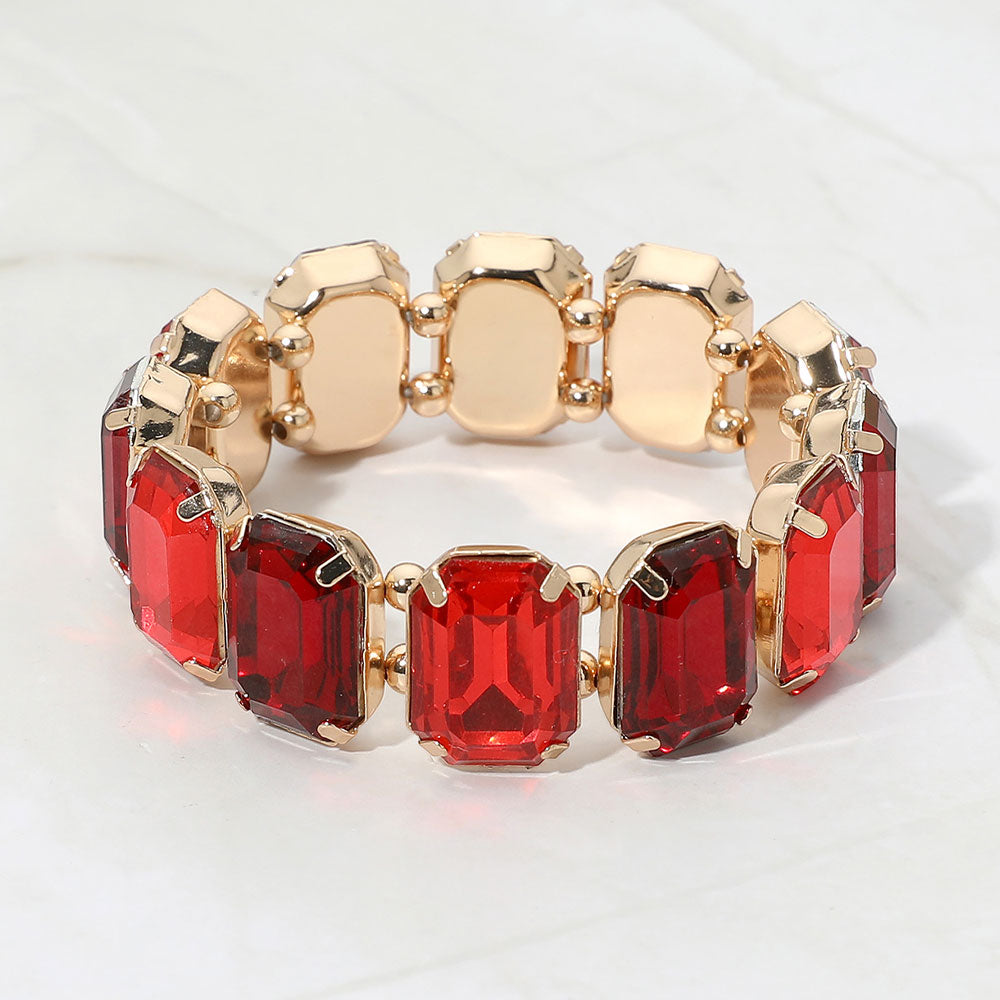 Madeline Love Burgundy, Gold Emerald Cut Gem Beaded Stretch Evening Bracelet