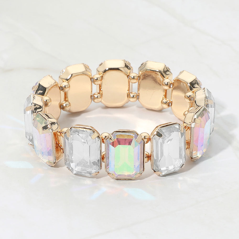 Madeline Love Clear, Gold Emerald Cut Gem Beaded Stretch Evening Bracelet
