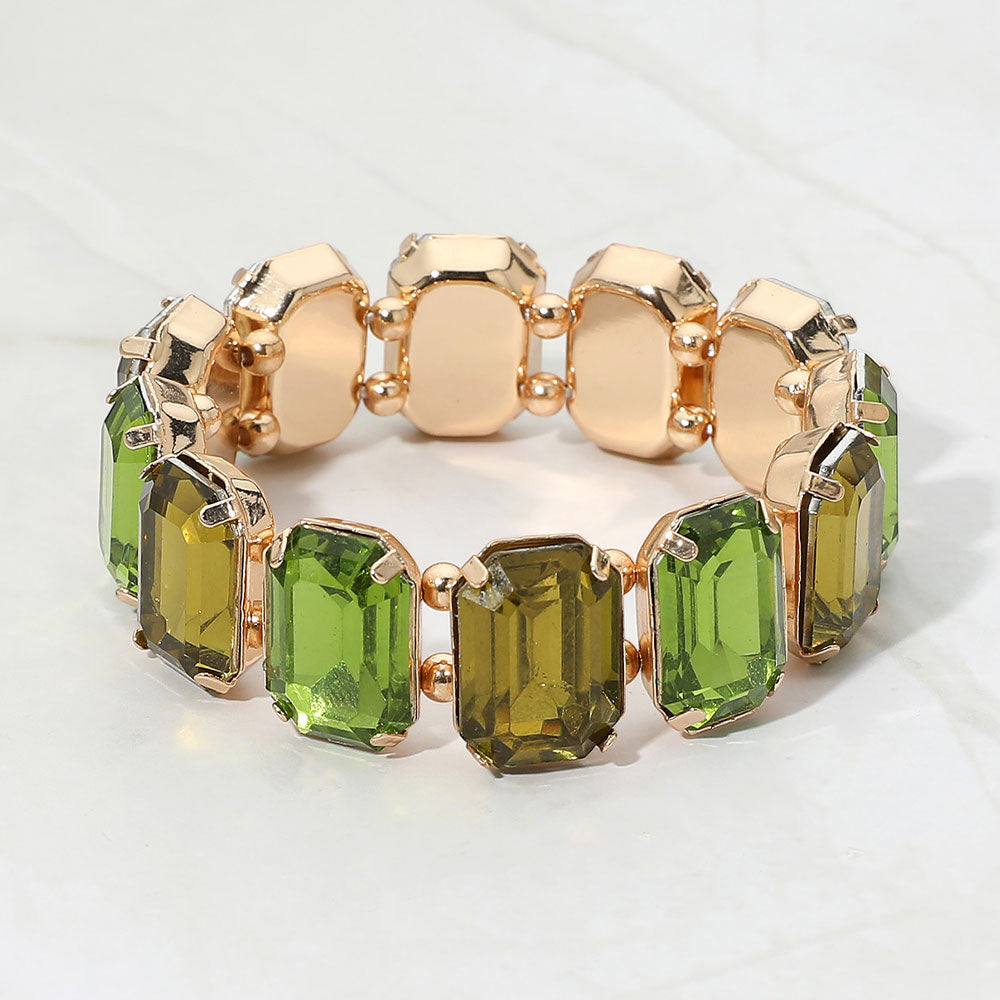Madeline Love Gold, Olive Green Emerald Cut Gem Beaded Stretch Evening Bracelet