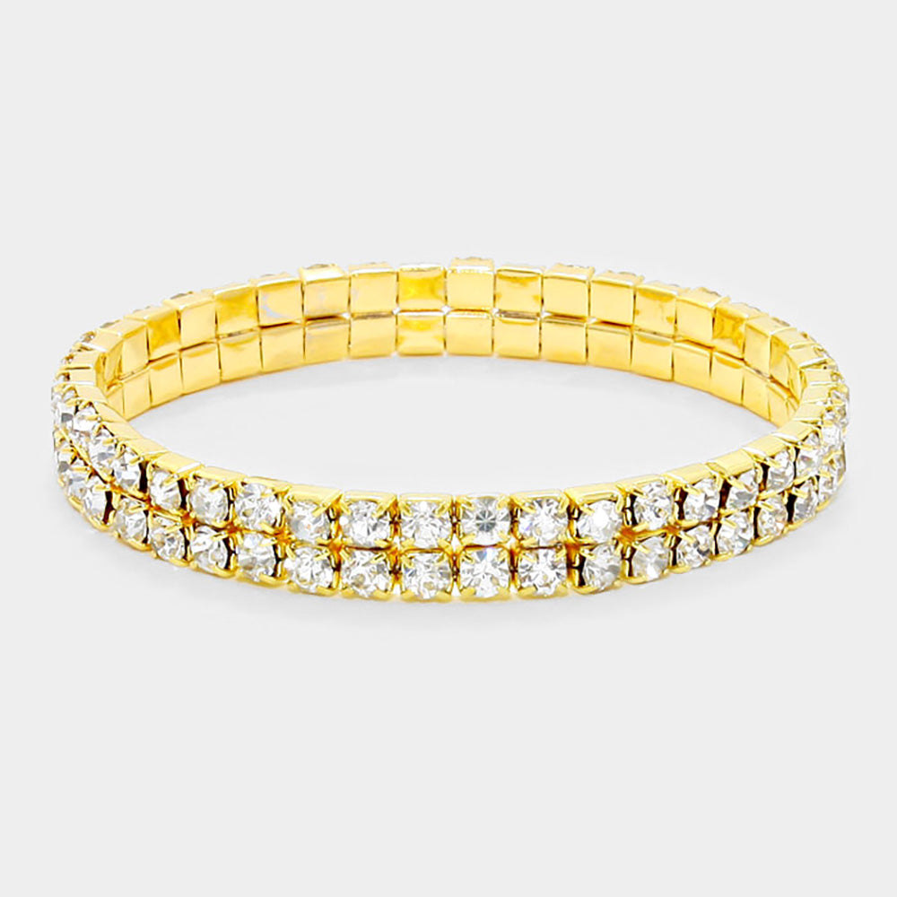 Madeline Love Clear, Gold 2-ROW Rhinestone Stretch Evening Bracelet - Bracelets