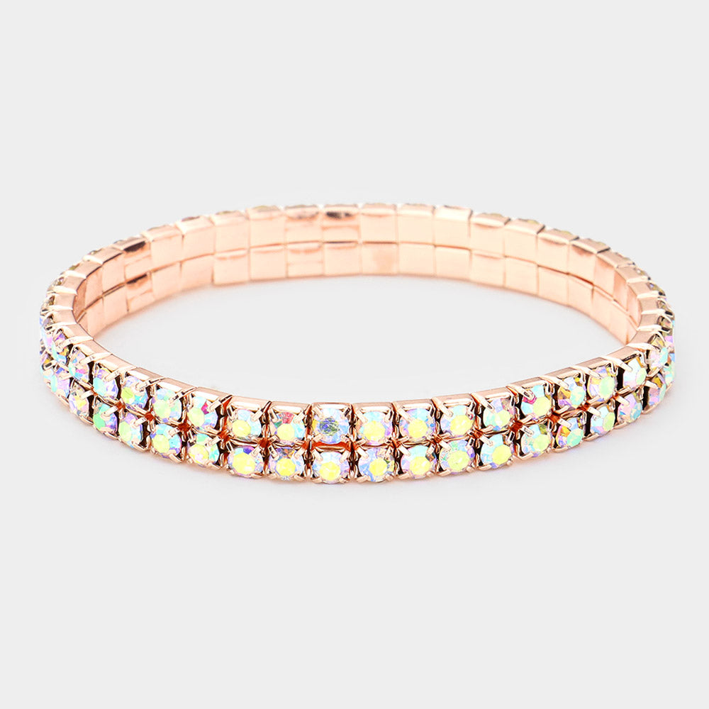 Madeline Love AB, Rose Gold 2-ROW Rhinestone Stretch Evening Bracelet - Bracelets