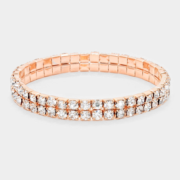 Madeline Love Clear, Rose Gold 2-ROW Rhinestone Stretch Evening Bracelet - Bracelets