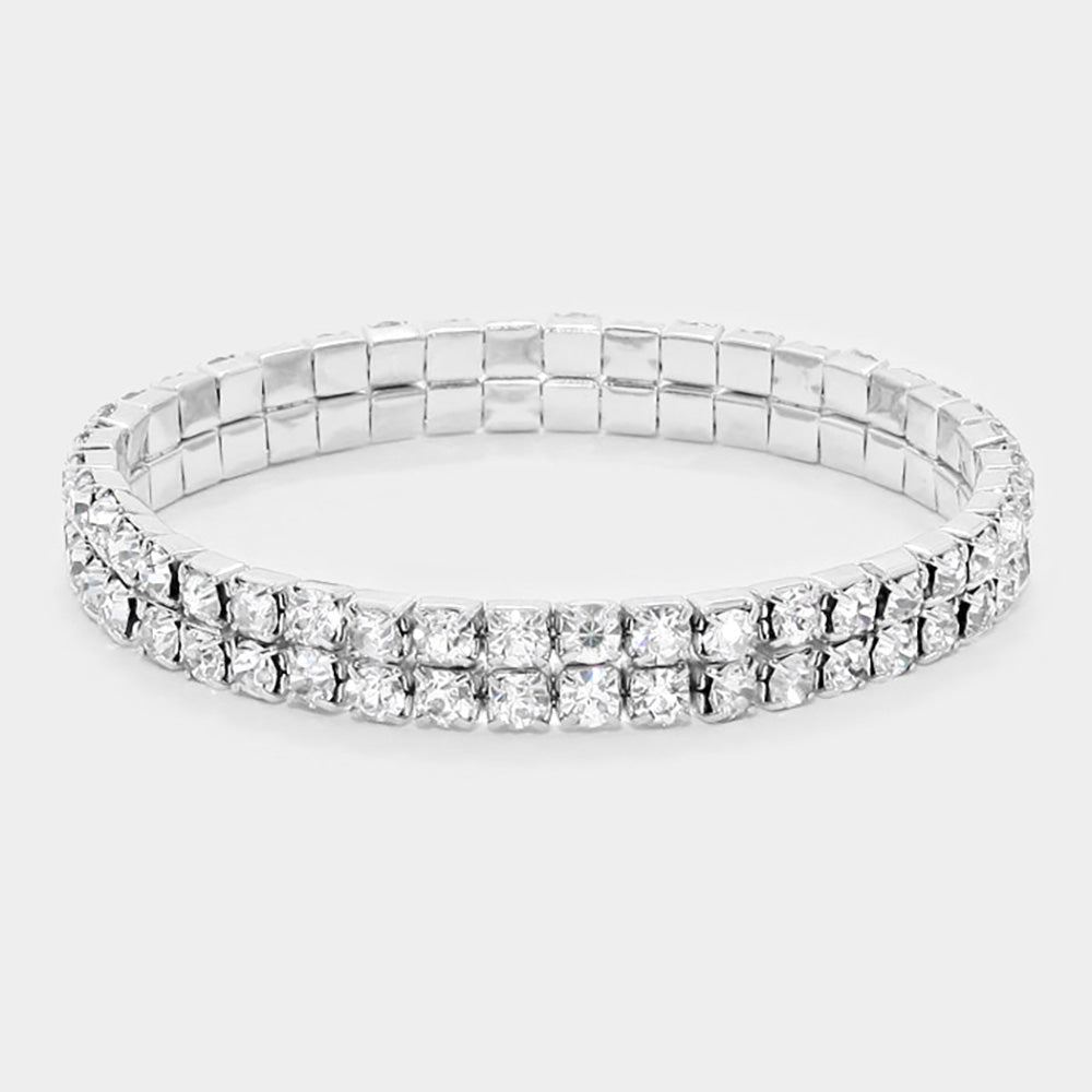 Madeline Love Clear, Silver 2-ROW Rhinestone Stretch Evening Bracelet - Bracelets