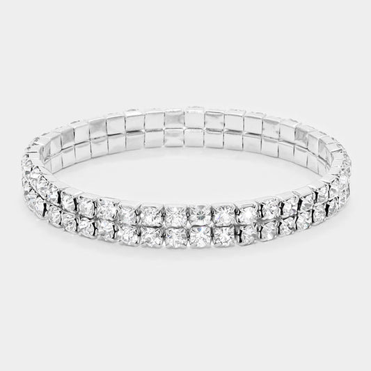 Madeline Love Clear, Silver 2-ROW Rhinestone Stretch Evening Bracelet - Bracelets
