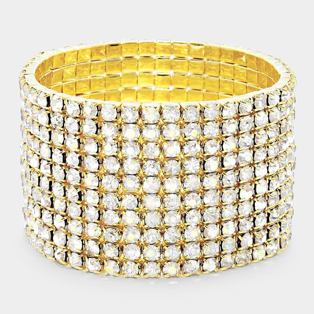 Madeline Love Clear, Gold 10-ROW Rhinestone Stretch Evening Bracelet - Bracelets
